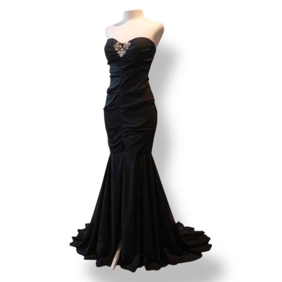 Vintage Cache Formal Black Formal Maxi Strapless Gown Rhinestone Brooch Sheer - Picture 1 of 11